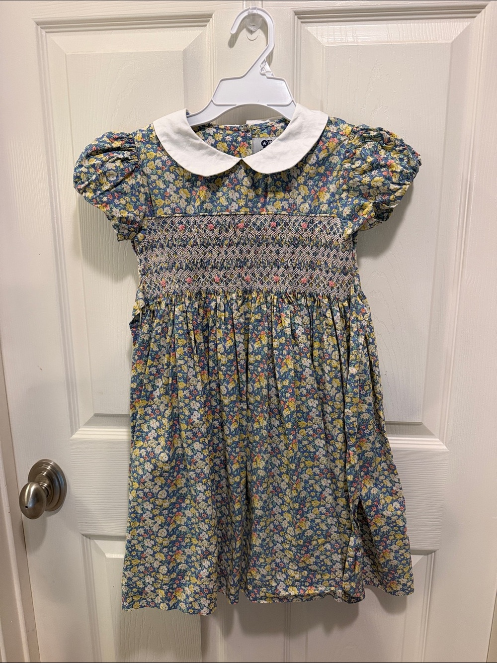Blue Floral Smocked Girls Dress with White Peter Pan Collar